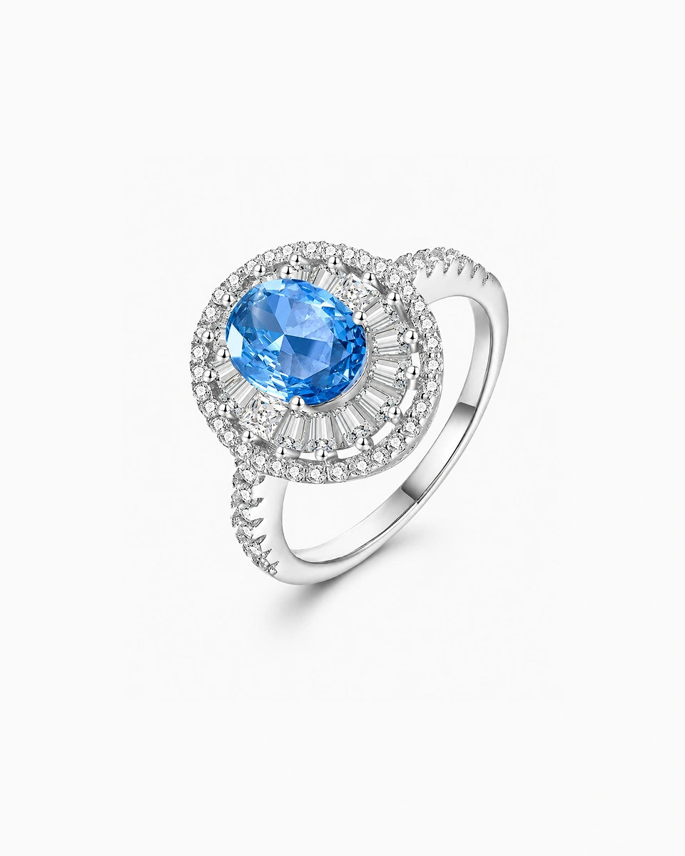 Odette Blue Oval Cut Halo Ring in Sterling Silver