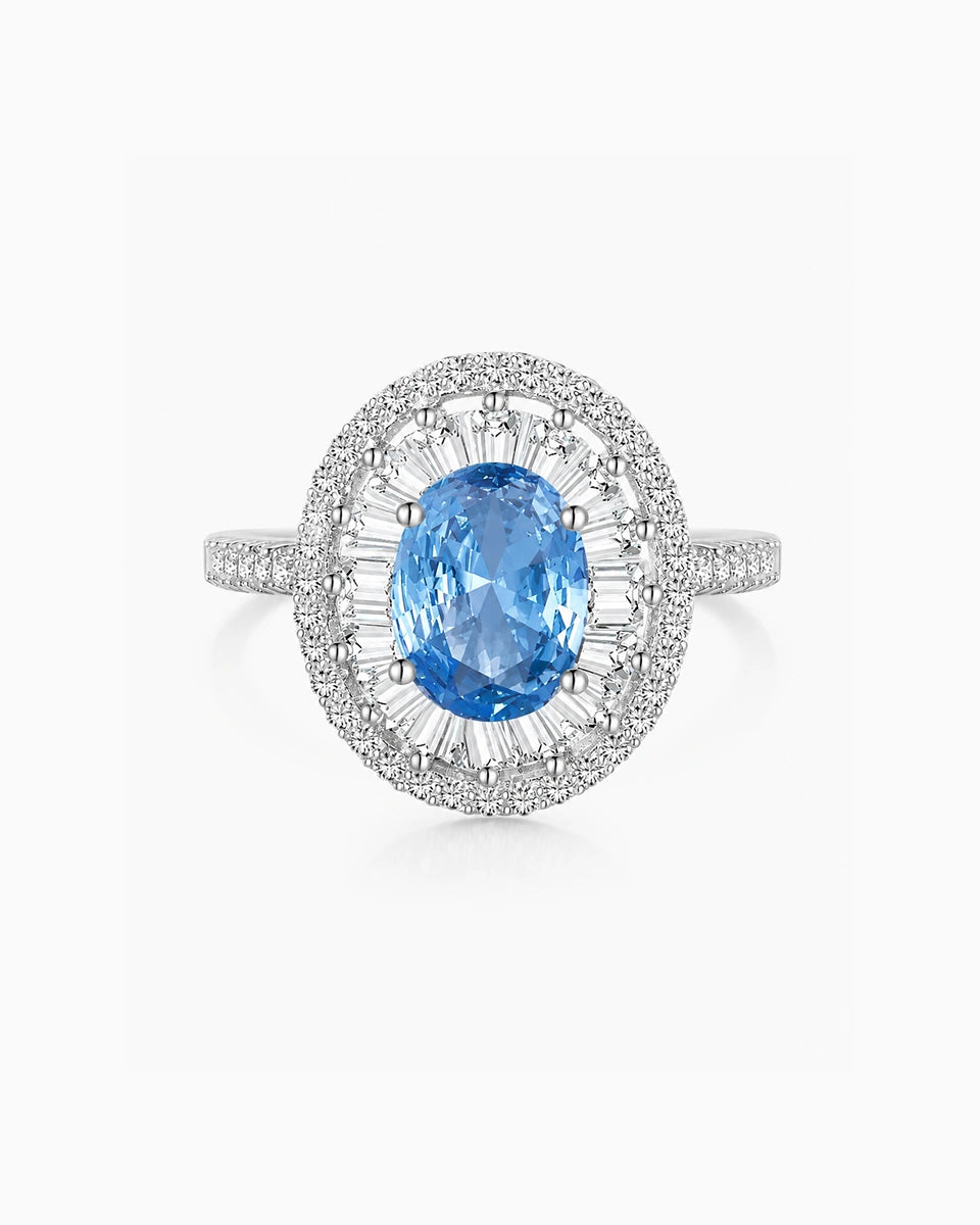 Odette Blue Oval Cut Halo Ring in Sterling Silver